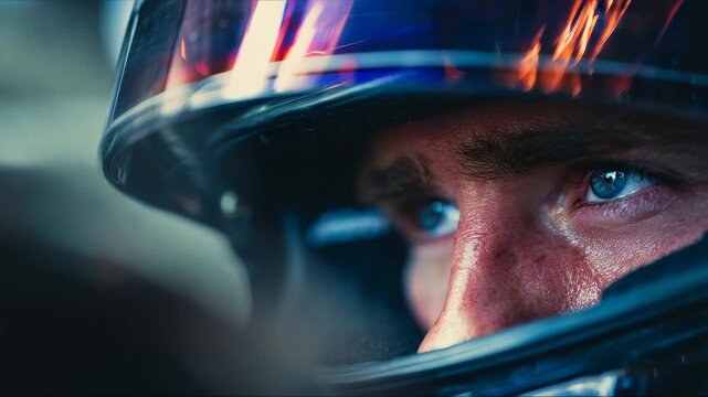 Intense focus of a race car driver before a high-speed competition on a sunny day at a major racetrack
