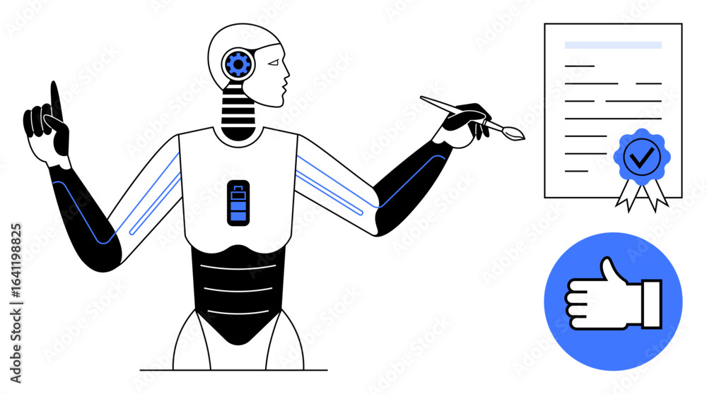 Poster robot reviewing signed document, showing efficiency with thumbs-up icon. ideal for innovation, techn