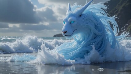 Majestic blue water horse emerges from crashing ocean waves on a stormy day