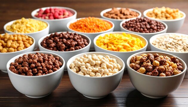 Assorted breakfast cereals in bowls