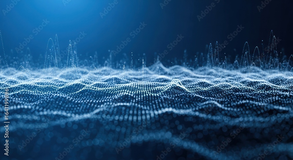 Poster abstract digital wave pattern. dark blue background with light blue/white wave-like particle formati
