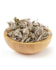 Wooden bowl with dried sage leaves.