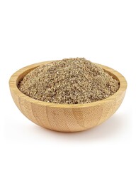 Wooden bowl with wheat bran on white background.