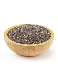 Chia seeds in a wooden bowl on white.