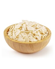 Wooden bowl with sliced almonds on white background.