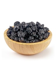 Wooden bowl of dried black olives.
