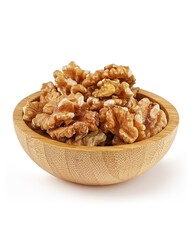 Wooden bowl of shelled walnuts.