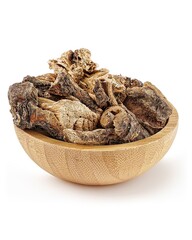 Wooden bowl with dried mushrooms on white background.