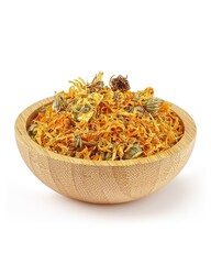 Dried calendula flowers in a wooden bowl.