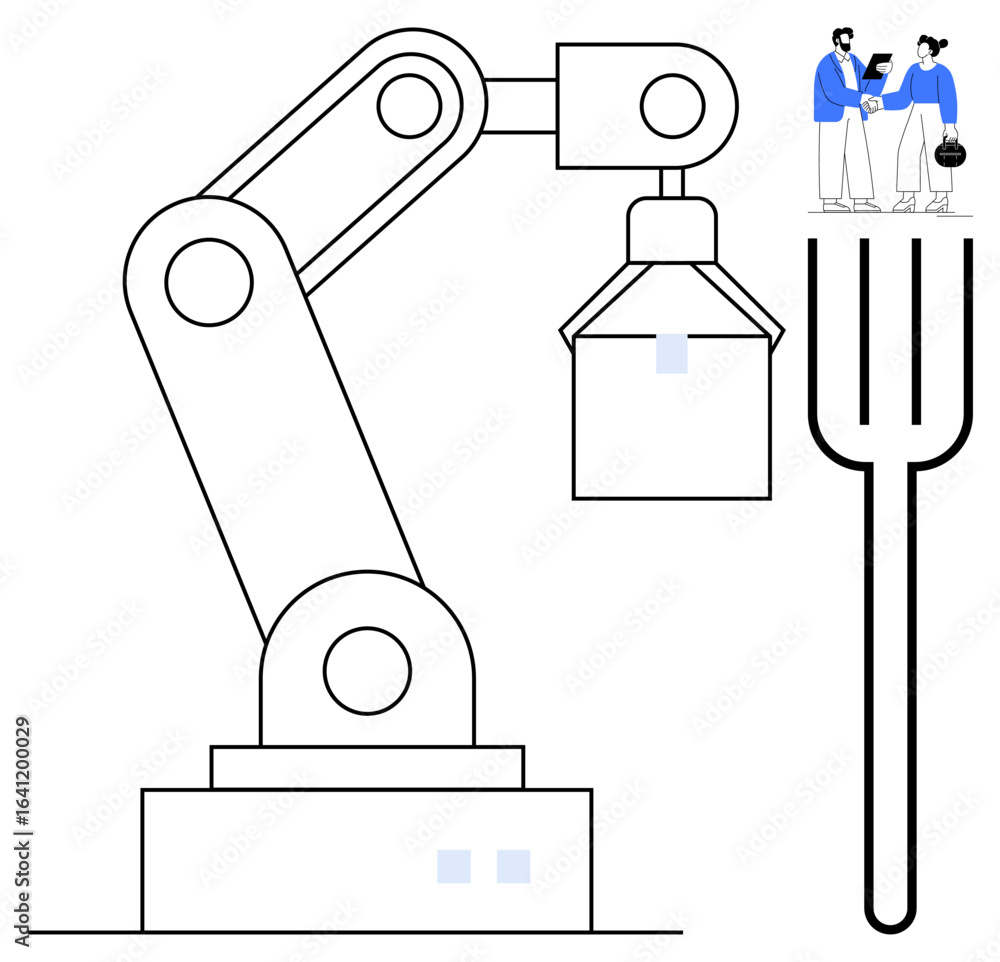Poster robotic arm performing a task near a giant fork while two professionals discuss collaboration. ideal