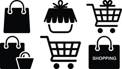 Collection of black shopping bags and carts icons representing commerce and retail