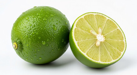 Fresh green lime fruit whole and halved for juice cocktail or cooking ingredient on white background studio shot