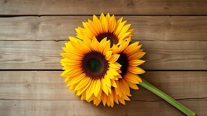 A sunflower bouquet arranged on a rustic wooden surface, warmly lit with a textured neutral background.