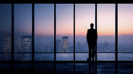 Fototapeta premium Businessman Contemplating Cityscape from Office Window at Dusk: Leadership, Vision, and Opportunity Concept