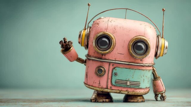3D Cute pink robot waving on a bright green background. Copy space