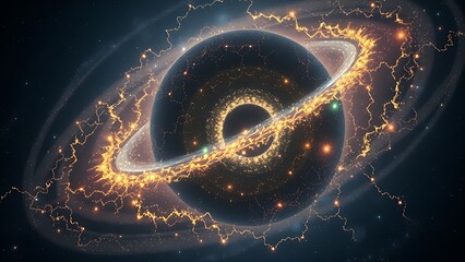 Protoplanetary disk with glowing organic molecules resembling cosmic constellations.