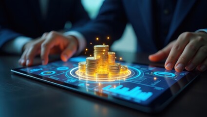 Businessman interacting with digital financial data on tablet with glowing coins