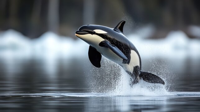 Orca leaping out of water, icy arctic background.  Possible use wildlife, nature, conservation
