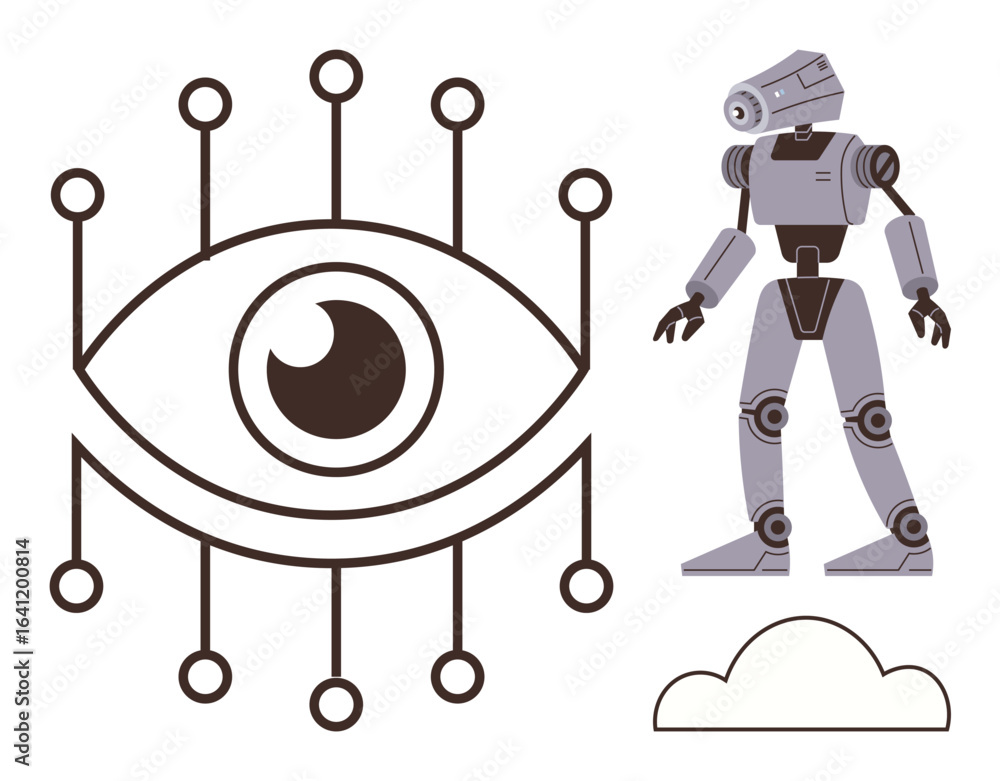 Poster mechanical robot alongside a networked cybernetic eye and a cloud icon. ideal for artificial intelli