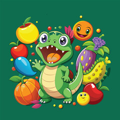 Cheerful Cartoon Dino with Colorful Fruits and Veggies