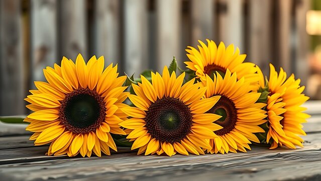 Sunflowers resting on weathered wood, bathed in warm golden sunlight with a softly blurred background.
