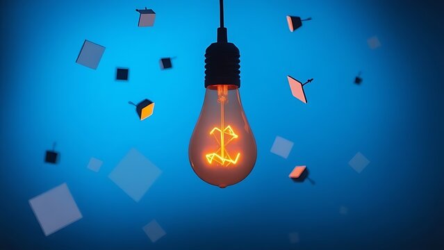 Creative concept of a lightbulb surrounded by floating geometric shapes against a gradient blue backdrop.