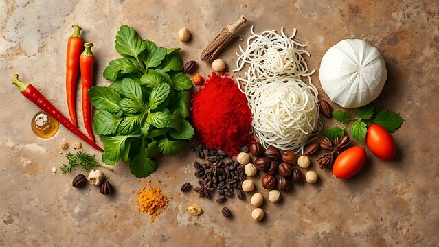 Asian cuisine ingredients beautifully arranged, highlighting fresh herbs and spices.
