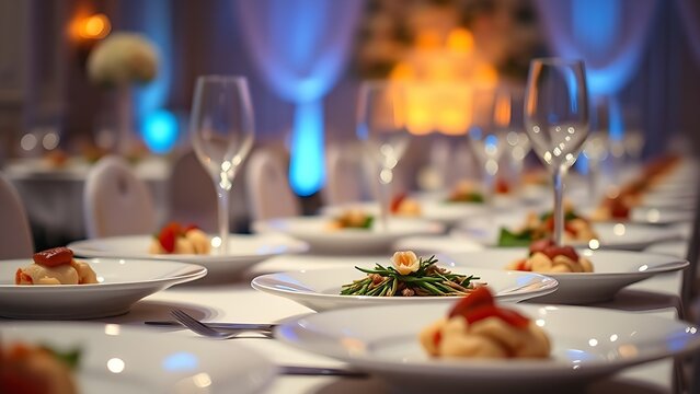 Elegant plated dishes on a banquet table, featuring warm ambient lighting and shallow depth of field.