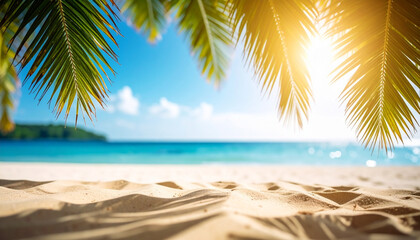 A sunny tropical beach with palm fronds framing a view of the turquoise ocean and white sand.