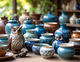 Assorted handcrafted ceramic wares displayed on a wooden table