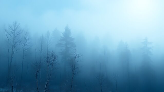 Mystical winter forest landscape in cool blue tones, featuring a watercolor-like texture and ethereal atmosphere.