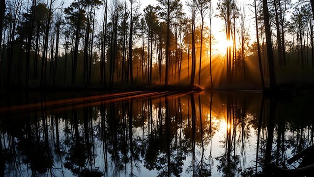 Serene forest landscape mirrored in calm water under golden sunlight filtering through trees.