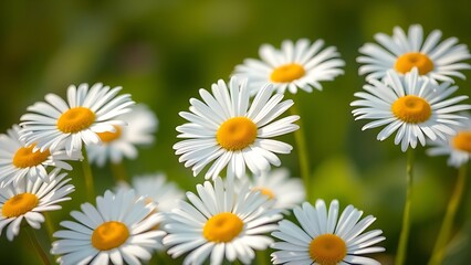 Obraz premium Fresh daisies bathed in sunlight with a soft green background, showcasing delicate petals in close-up.