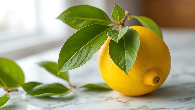 Fresh lemon with green leaves on marble, vibrant citrus fruit under natural light.