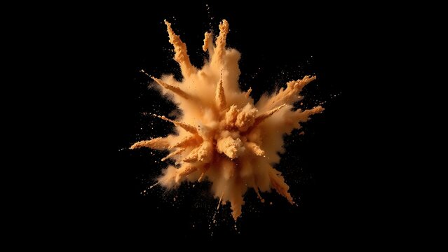 Dynamic brown powder explosion captured in motion against a dark studio backdrop.