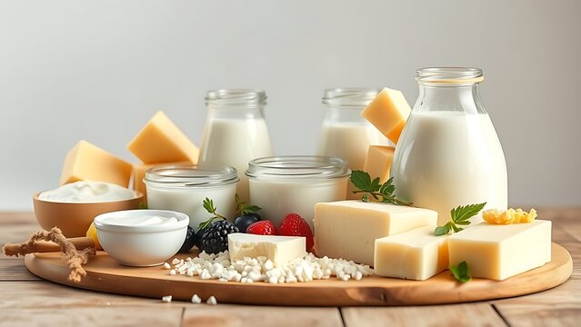 Fresh dairy products neatly arranged on a wooden table with soft natural lighting.