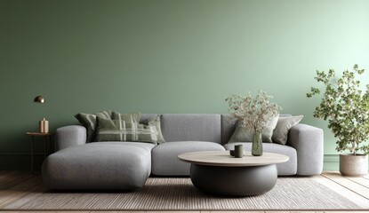Modern grey sectional sofa in green living room