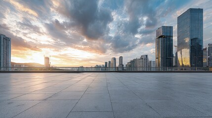 Cityscape at Sunset: Modern Architecture and Empty Plaza, Perfect for Urban Development and Business Concepts