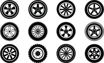 Wheels tires car automobile vehicle transport automotive rubber rim tread design black vector set silhouette