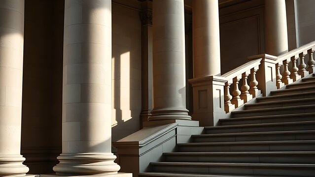 Classical stone pillars and staircase with elegant lighting, highlighting historical architecture.