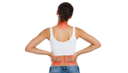 Woman with Neck and Back Pain for Medical and Health Care isolated on white background 