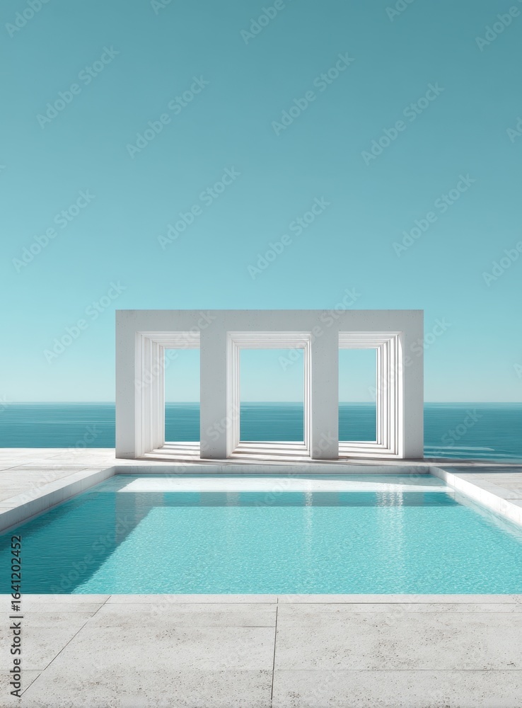 Poster a serene architectural structure with pillars and a pool reflects against a tranquil expanse of wate