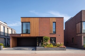 A contemporary residential structure characterized by its stylish design and expansive windows, set in a tranquil suburban neighborhood on a bright, sunny day