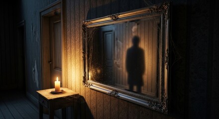 Spooky haunted mirror with a ghostly reflection in a dark victorian house with a candle