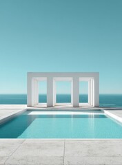 Fototapeta premium A serene architectural structure with pillars and a pool reflects against a tranquil expanse of water under a clear, azure sky, creating a sense of peace.