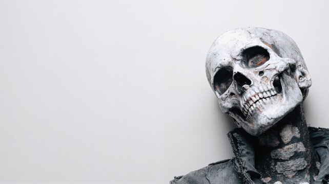 Stylish skeleton posing with tilted head on white background.