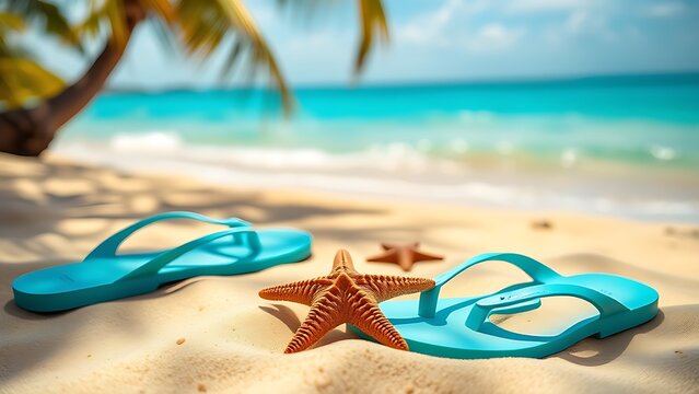 Tropical beach scene featuring starfish and turquoise sandals on golden sand, evoking summer relaxation.