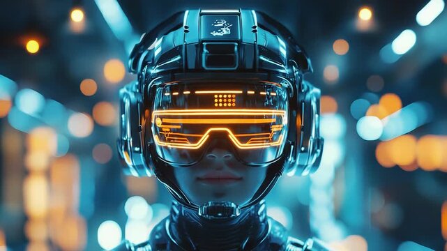 Cyberpunk warrior wearing futuristic helmet and visor with hud interface in neon lit urban environment