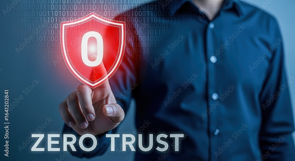 Poster zero trust security strategy concept: man activating security shield with binary code background for