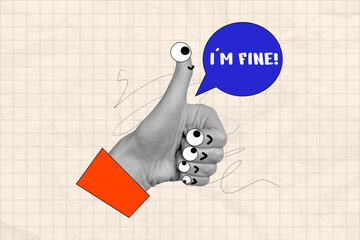 Banner creative poster art collage of human hand show thumb up gesture approval non-verbal emoji symbol im fine bubble feedback